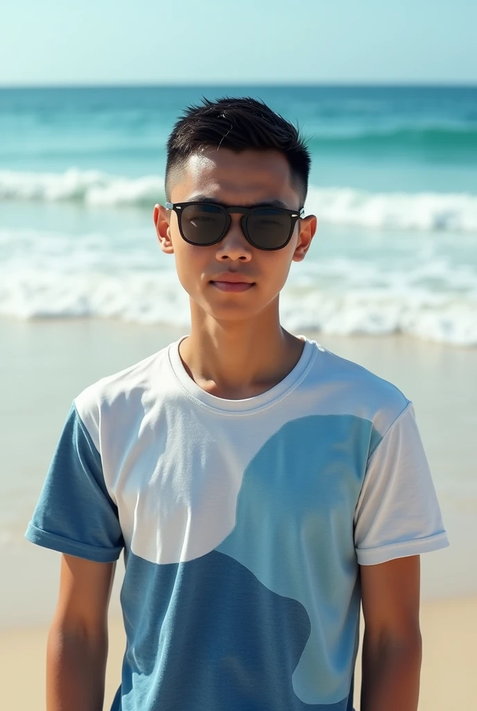 (photorealism) Pria indonesia umur 18 tahun ,badan kurus dan pendek (short) ,gaya rambut (short slicked back) di pantai dengan background ombak ,Memakai kaos abstrak putih biru dan celana pendek,memakai kacamata photocromic hitam ,tanpa alas kaki ,