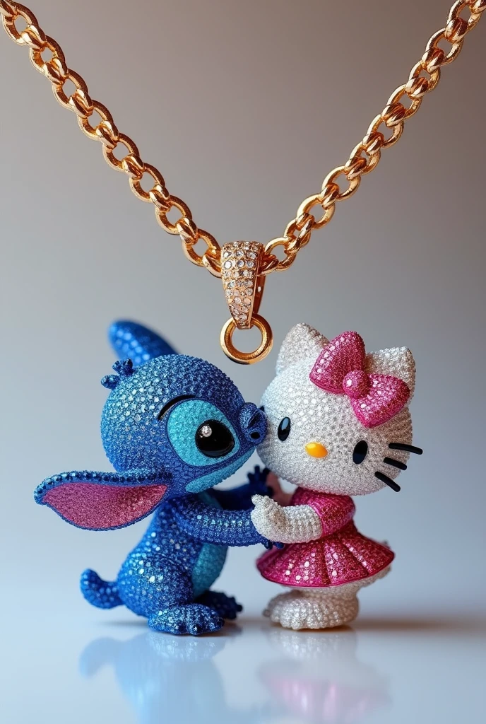 A Cuban chain necklace with a pendant featuring Stitch and Hello Kitty kissing made of diamonds facing forward.