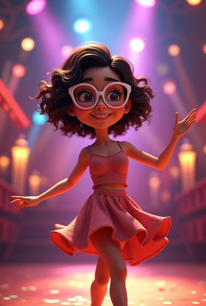 "(best qualityer,ultra detali,realisitic:1.37),3D rendering,illustration,character  design,short dark curly hair,beautiful detailed eyes,wearing white glasses,Pixar-style,brunette woman,Dancing on the Disney stage,lively atmosphere,bright coloured,stage lights,happy expression"