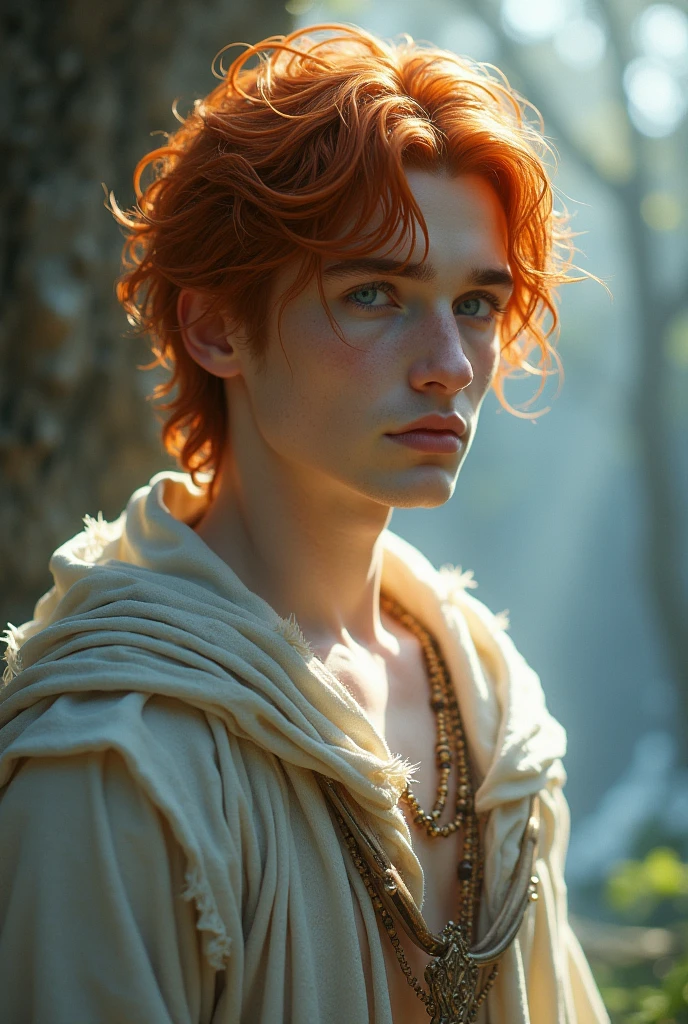 1 white-skinned man with medium-long red hair (but not too much), wears god style clothes, blue eyes, little muscular, He looks like a boy.