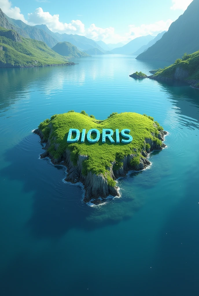 I want these DIORIS letters made with water in the middle of a heart-shaped island