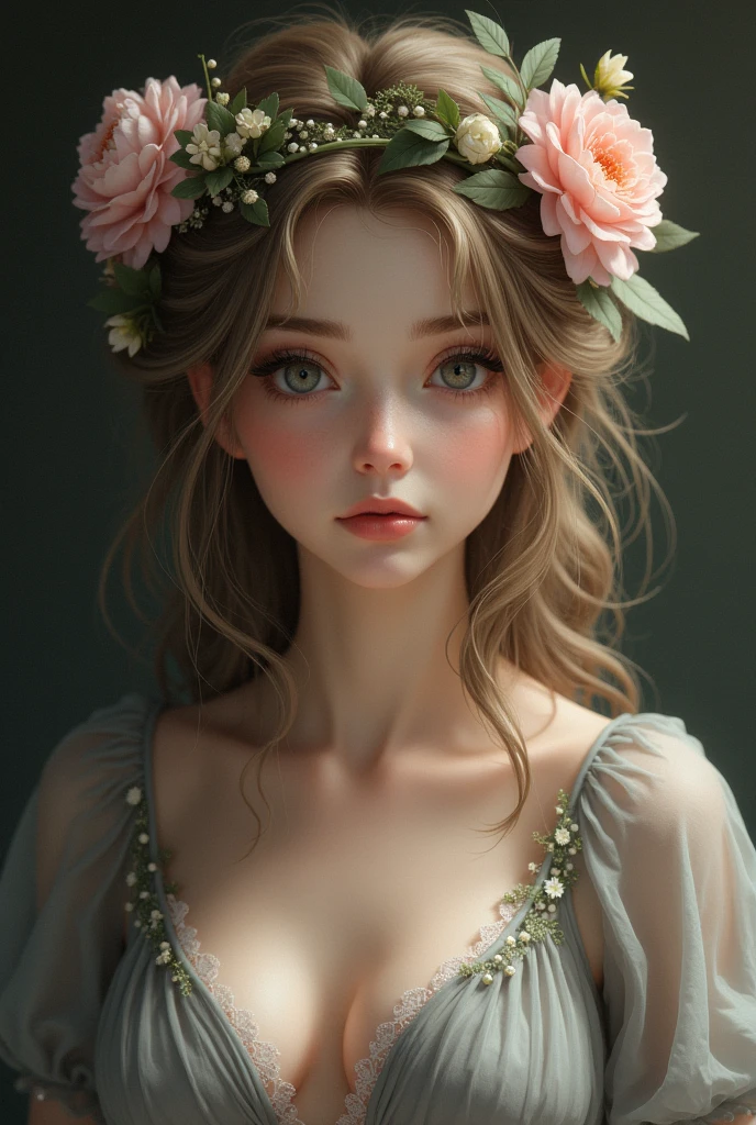 Disney girl dark blonde hair, grey low cut blouse, flowers on the head 
