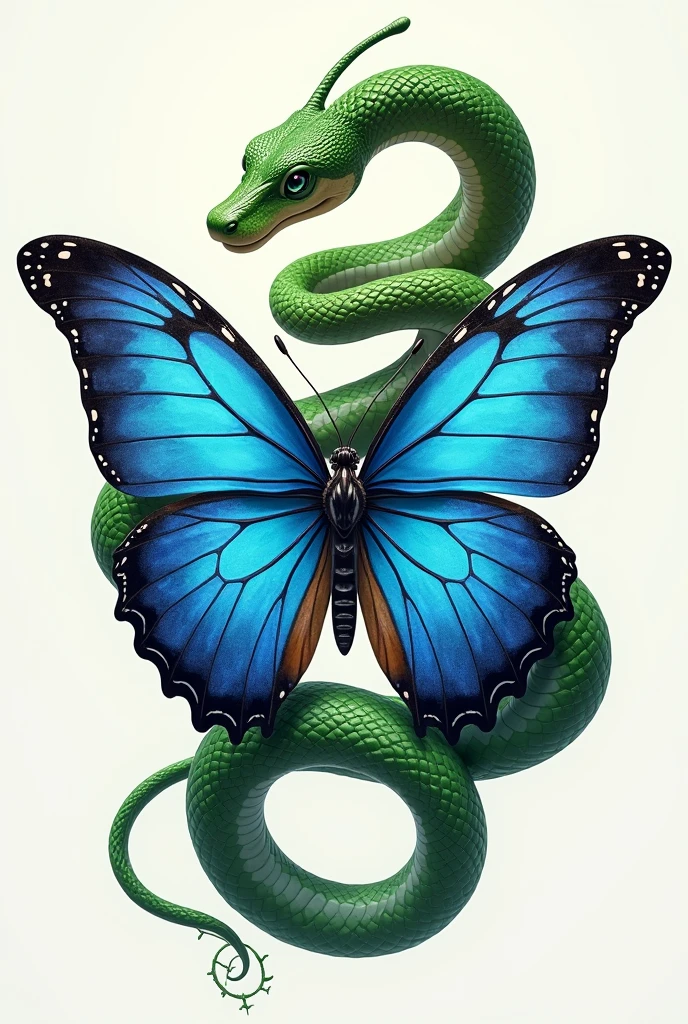Logo of a green snake crawling on a blue butterfly.