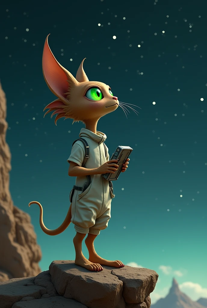 humanoid extraterrestrial with feline features and brown..large green eyes elongated upwards. Wears uniforms such as plain pearly white overalls, justobao corpo. Hold a technological device in your hands.
This is on top of a rock looking at the night sky full of stars.