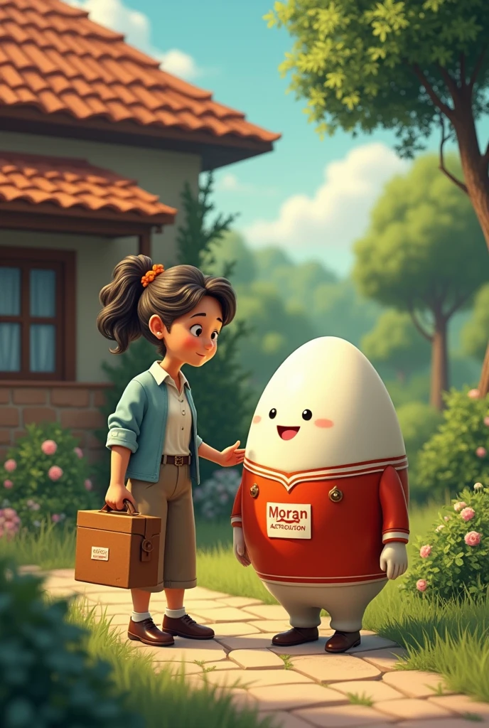 Adult mother opens her door and comes out of her house which is surrounded by many trees, to receive their eggs from the egg delivery man who is a little egg wearing the Morán distributor uniform.