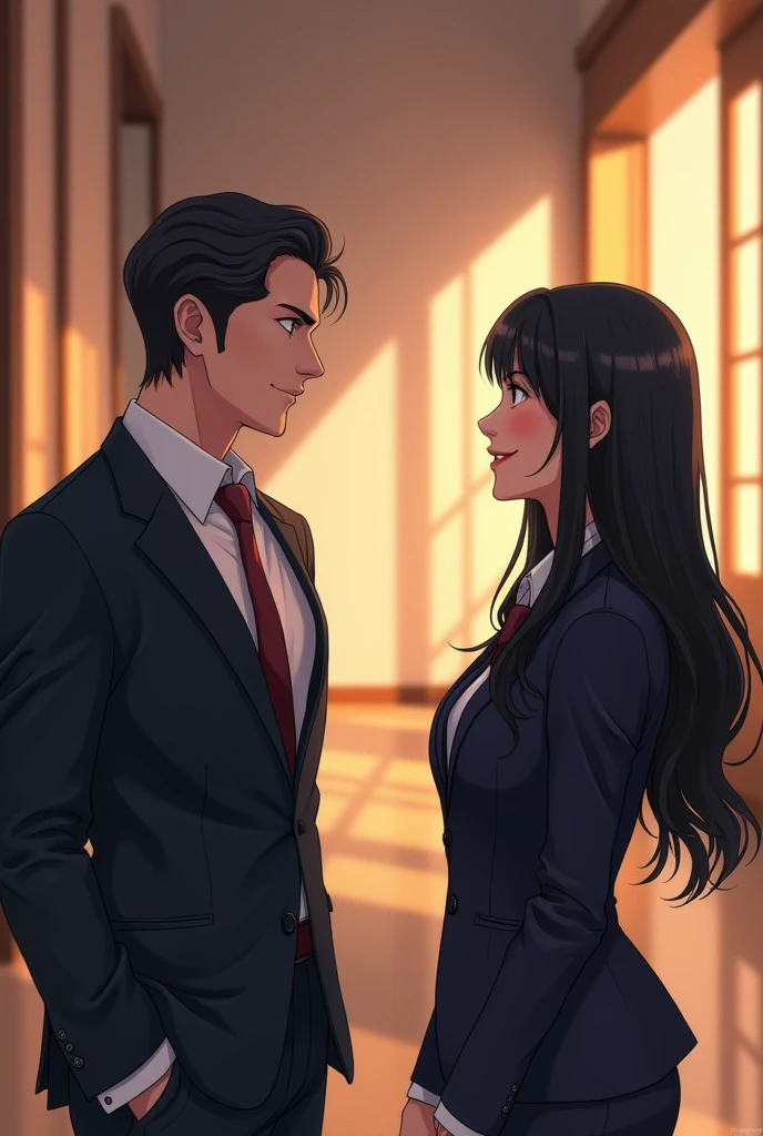 The male protagonist talks with a woman with black long hair professional clothes, the woman smiles and the picture is pleasant, in five luxurious offices nudes naked