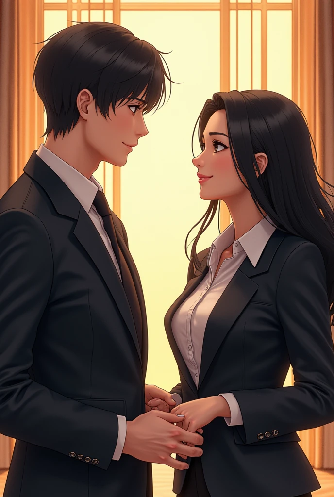 The male protagonist talks with a woman with black long hair professional clothes, the woman smiles and the picture is pleasant, in five luxurious offices nudes naked