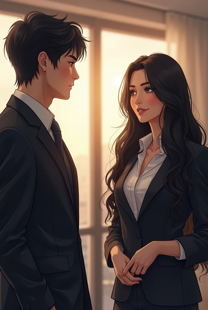 The male protagonist talks with a woman with black long hair professional clothes, the woman smiles and the picture is pleasant, in five luxurious offices nudes naked