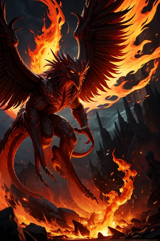 Phoenix monster, amorphous phoenix of monstrous fire ,phoenix creature with fire
masterpiece,Highest quality,8k,High resolution,
Fantastic,scary,horrific,
Please draw an eldritch phoenix monster from H.P. Lovecraft. shapeshifting monster of viscous fire. phoenix of madness. dark green cloudy sky, madness of fire, fire bubbling and pulsating. People covered by the fire. Monster phoenix.