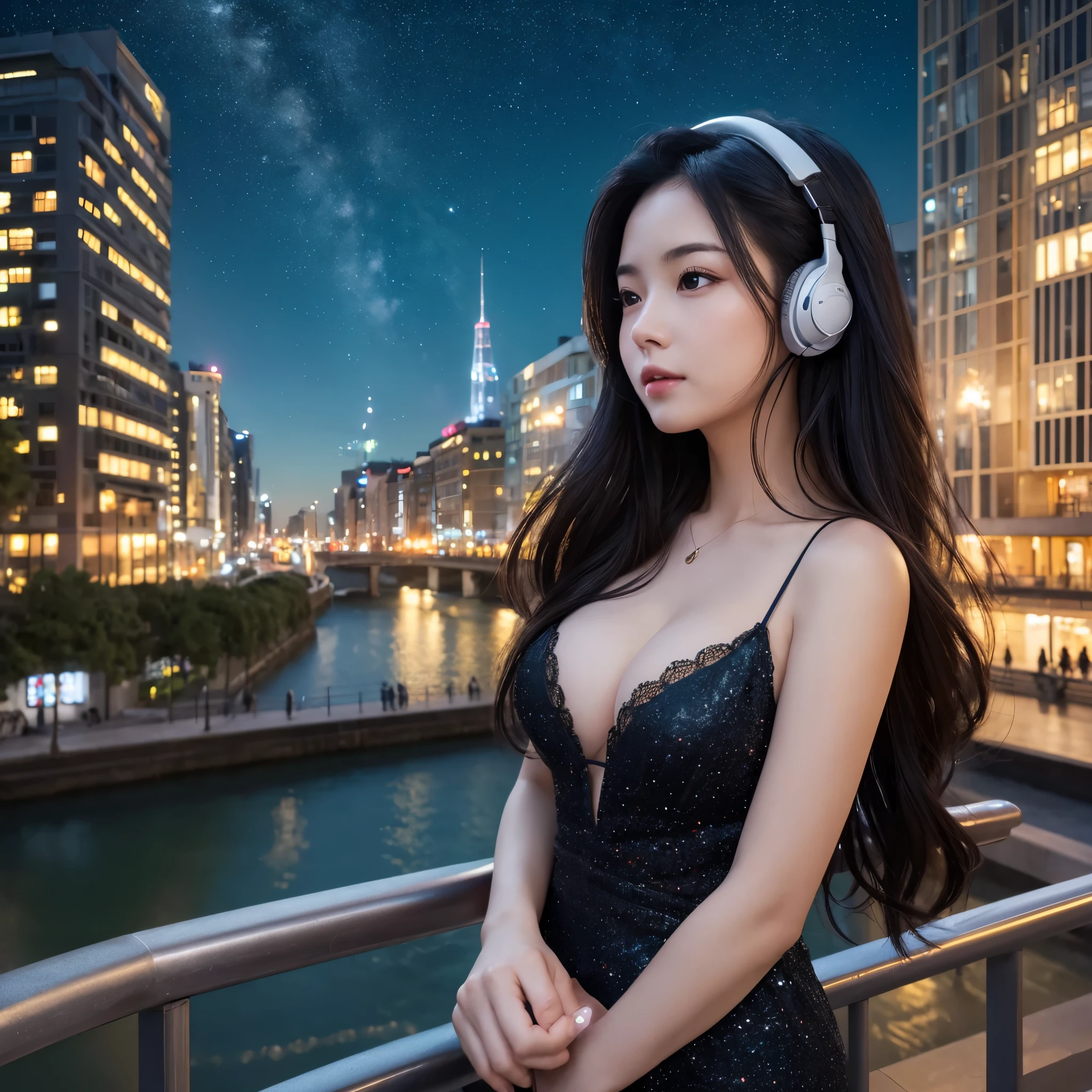 ((masterpiece)),(((Highest quality))),((Super detailed)) Realistically, 1 Girl, beautiful, Wearing headphones, one person　 Watching the night view, city, Starry Sky, building, night.　Long Black Hair　The wind is blowing　Cleavage