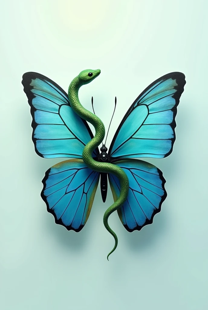 Green snake logo slithering on a blue butterfly