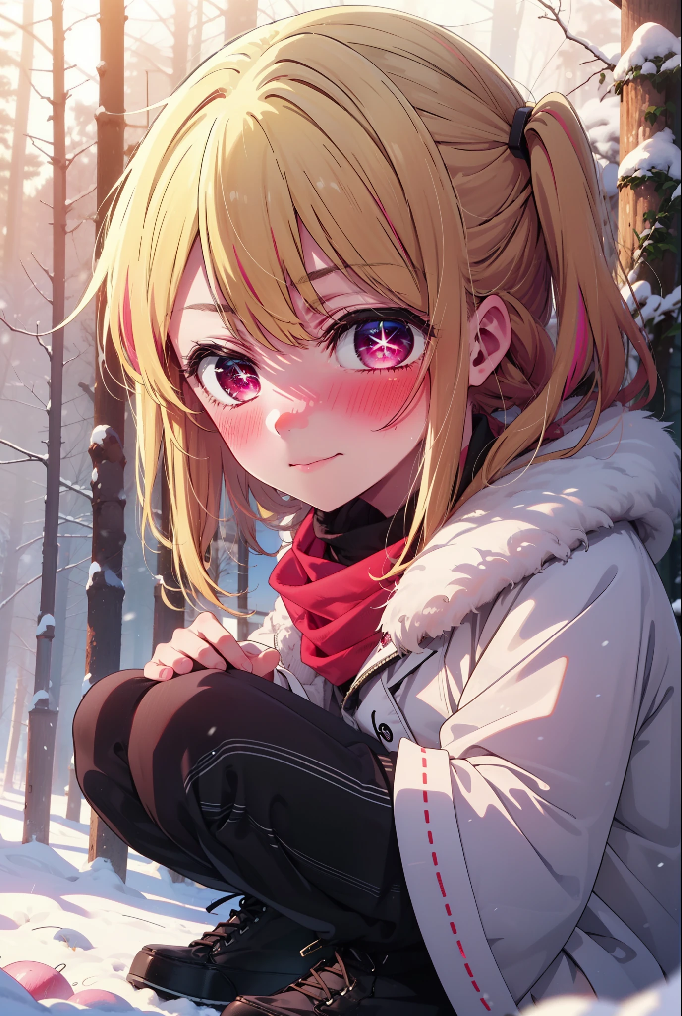 rubyhoshino, Hoshino Ruby, Long Hair, bangs, blonde, (Pink Eyes:1.3), Side Lock, (Symbol-shaped pupil:1.5), Multicolored Hair, Two-tone hair, smile,,smile,blush,white breath,
Open your mouth,snow,Ground bonfire, Outdoor, boots, snowing, From the side, wood, suitcase, Cape, Blurred, , forest, White handbag, nature, Squat, Mouth closed, Cape, winter, Written boundary depth, Black shoes, red Cape break looking at viewer, Upper Body, whole body, break Outdoor, forest, nature, break (masterpiece:1.2), Highest quality, High resolution, unity 8k wallpaper, (shape:0.8), (Beautiful and beautiful eyes:1.6), Highly detailed face, Perfect lighting, Extremely detailed CG, (Perfect hands, Perfect Anatomy),