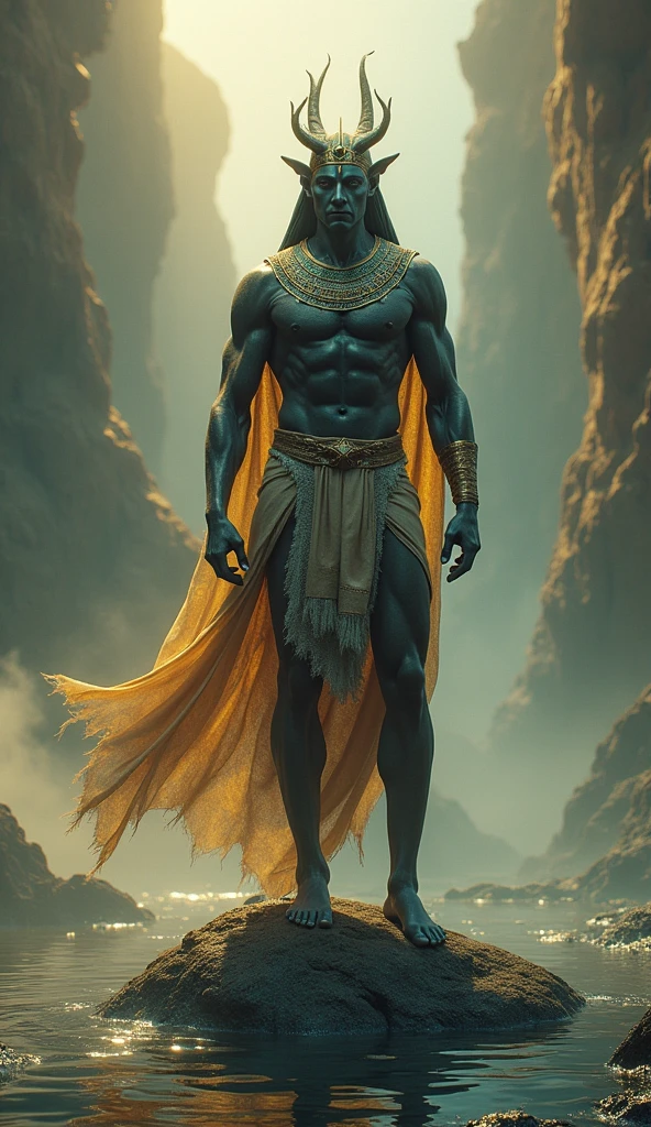 Create a stunning and realistic portrait of Atum, the primordial deity from Egyptian mythology, emerging from the primordial waters. Depict him as a solitary figure on a primordial mound. Include a detailed background and vibrant gradient colors. Use masterpiece, best quality, CG, wallpaper, HDR, high quality, ultra detailed face, cinematic, high detail, 8k, raw, high, artstation HQ, unreal engine, octane renderer, 4k resolution, hyperrealistic, highly detailed, and absurdres settings