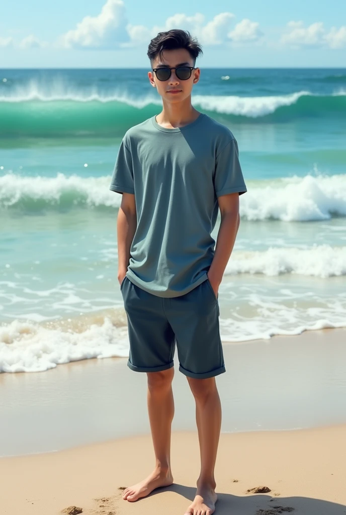 (photorealism) Pria indonesia umur 18 tahun ,badan kurus dan pendek (short) ,gaya rambut (undercut) di pantai dengan background ombak ,Memakai kaos warna keren dan celana pendek,memakai kacamata photocromic hitam ,tanpa alas kaki ,