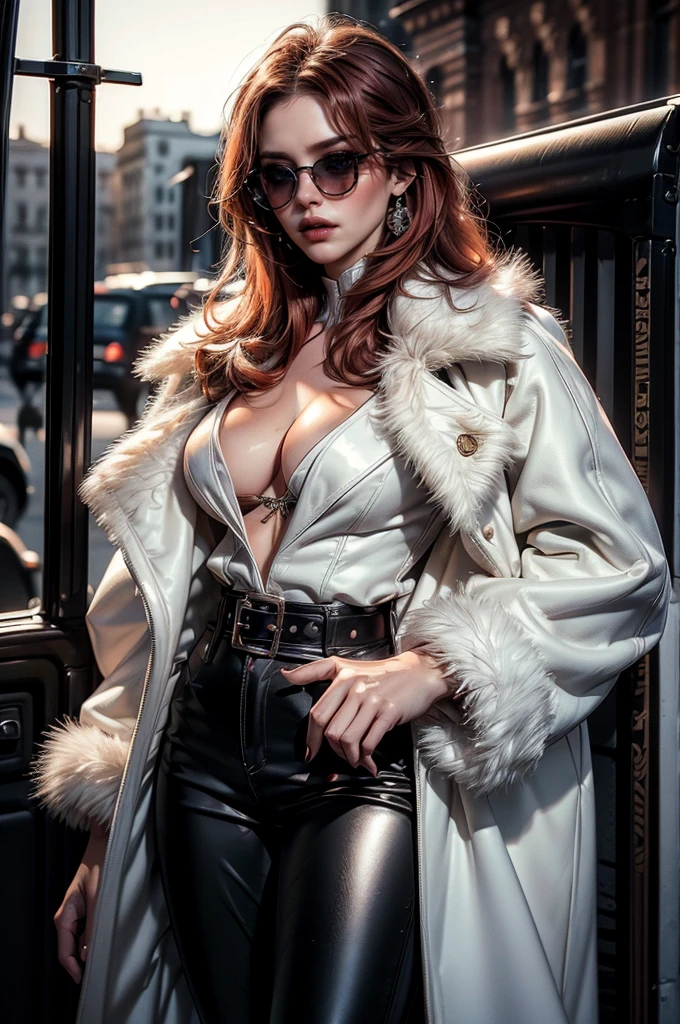 (cowboy shot), a beautiful young woman with long red hair, lora_Emma, ((black high waist leather pants)), ((formal white top with cleavage)), waist belt, a white fur coat, (red shaded sunglasses), standing outside,(best quality,4k,8k,highres,masterpiece:1.2),ultra-detailed,(realistic,photorealistic,photo-realistic:1.37),detailed face, detailed eyes, detailed lips, long eyelashes, beauty, fashion, portrait, glamorous, elegant, studio lighting, dramatic lighting, high contrast, vivid colors, cinematic,xuer white fur coat, coat on shoulders