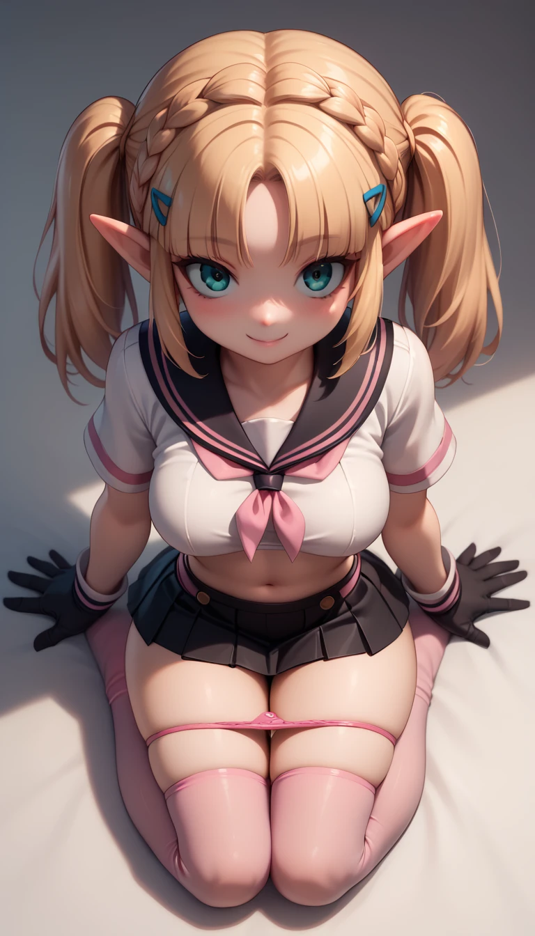 High resolution, Very detailed, perfect lighting, beautiful detailed eyes, ((masterpiece,Best Quality)), absurdities, alone, princess zelda, by the width, crown braid, Hair clip, pointy ears, Gloves without fingers, black gloves, smile, curves, nod, , deep neckline, deep neckline, pink thong, touching her breasts in a sexy way, close up, pigtails with bangs, pigtails with bangs, touching her breasts in a sexy way, teal eyes, close up, pigtails with bangs, pink boina, Slim fit sailor suit, Slim fit sailor suit, short black skirt, down on my knees, down on my knees, pink boina, pink boina, pink stockings, pink stockings, crouched on her knees, overhead, overhead, view from behind, view from behind