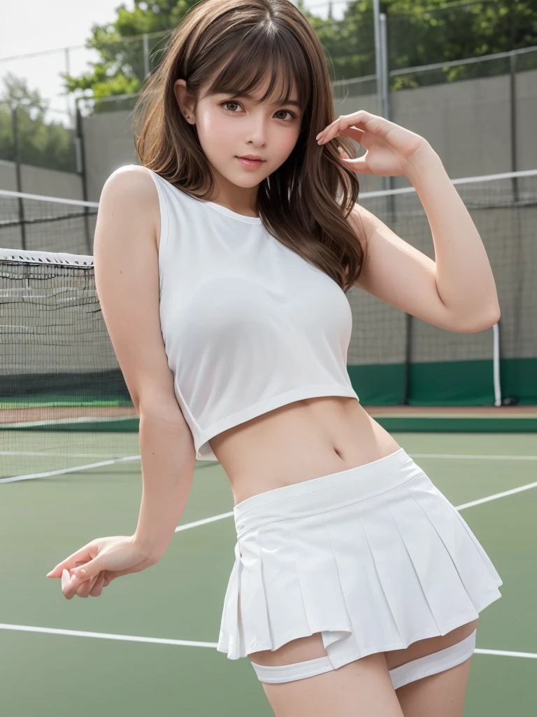 masterpiece, Highest quality,Very detailed,High resolution,(Realistic, photoRealistic:1.37),Excellent anatomy,1 girl,(height: 152 cm),1 person,Cowboy Shot,Front view,Tennis Girl,Very beautiful face,Cute type,A small smile,Big Natural Color Lip,Big and beautiful eyes,Brown eyes,Obvious double,Small and cute nose,Soft light brown long hair,Asymmetrical bangs,Floating Hair NovaFrog Style,((White tennis wear)),(((White ultra short micro mini skirt:1.5))),((Tennis court:1.3)),Soft Light,RAW quality,Soft Skin,(Glowing Skin,Sweaty:1.4),Beautiful Hands,Five strong fingers,Beautiful feet,Voluptuous thighs,Plump body,Huge breasts,(Expresses the roundness and softness of the chest area.........1),Beautiful body,(The perfect woman),((Skirt flip:1.5)),((fine:1.5)),((Provocative dynamic pose:1.5))