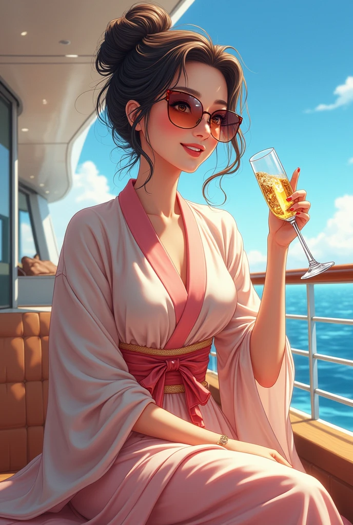 Japanese anime style,woman,Luxury Cruise Ship,Living elegantly,Champagne in hand,sunglasses,Japanese Style,アニメのwoman,Very happy