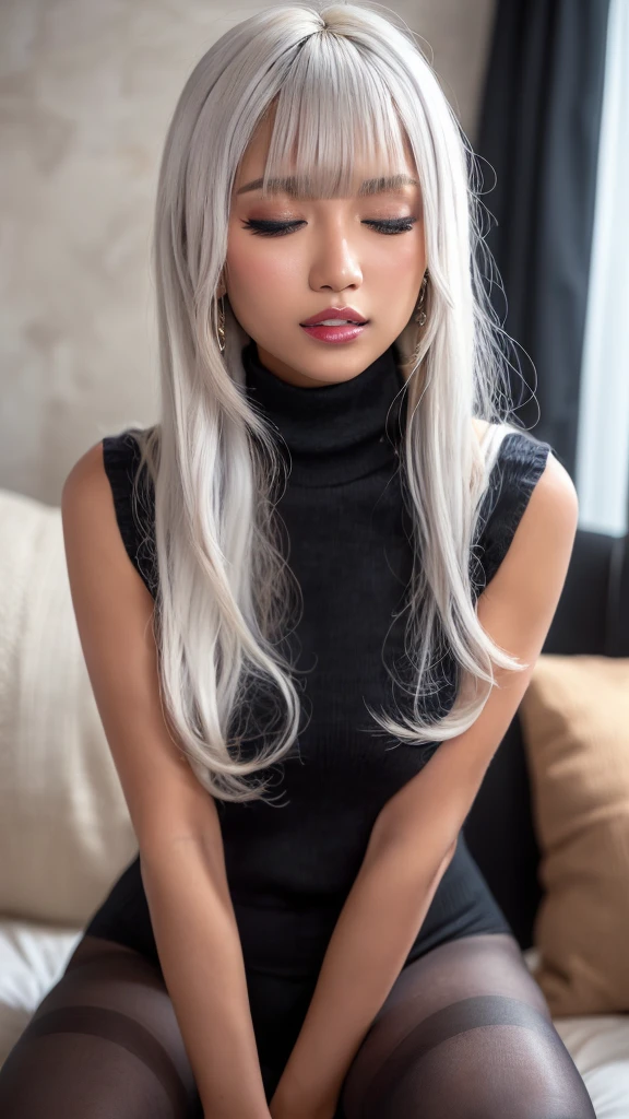 First Person View, (masterpiece:1.3), High resolution, Very detailed, Very detailed CG Unity 8k wallpaper, Realistic, photo-Realistic, RAW Photos, Beautifully detailed face, Realistic glistening skin, Detailed cloth texture, Detailed hair texture, Perfect body, Beautiful Face, Accurate, Anatomically correct, Highly detailed face そして skin texture, Natural neck length, (Beautiful Hそしてs),  Thin legs, Thin legs, Good teeth alignment, 
break, 
fine grain, Symmetrical eyes, Bright Blue Eyes, double eyelid, Thin eyebrows, (Glossy Lips:1.5), (Sleepy face:1.2), (blush:1.3), (makeup:1.5), (dark skin:1.6),
break, 
(elegantでキュート:1.3), elegant、(sleeveless turtleneck sweater:1.3), Toned Abs, Beautiful clavicle, 
(white hair, Straight hair, Long Hair:1.3), ((Asymmetrical bangs:1.2)), 
break, 
View your viewers, from the front,topless, (kneelist:1.3), (Black Pantyhose:1.3), (closed eyes:1.3),