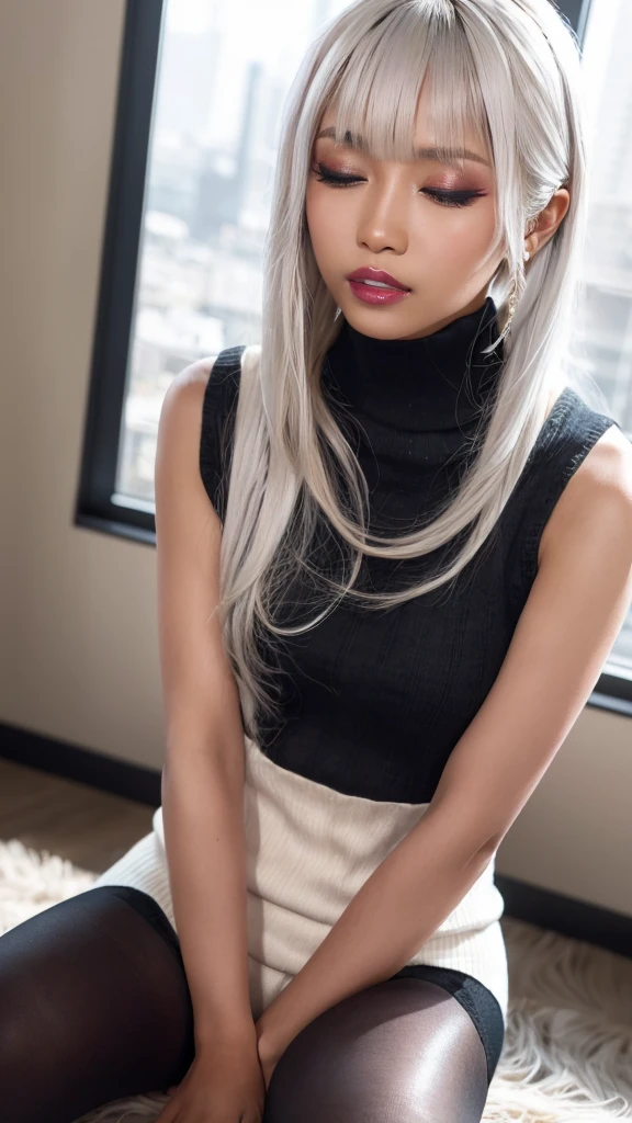 First Person View, (masterpiece:1.3), High resolution, Very detailed, Very detailed CG Unity 8k wallpaper, Realistic, photo-Realistic, RAW Photos, Beautifully detailed face, Realistic glistening skin, Detailed cloth texture, Detailed hair texture, Perfect body, Beautiful Face, Accurate, Anatomically correct, Highly detailed face そして skin texture, Natural neck length, (Beautiful Hそしてs), Thin legs, Thin legs, Good teeth alignment,
break,
fine grain, Symmetrical eyes, Bright Blue Eyes, double eyelid, Thin eyebrows, (Glossy Lips:1.5), (Sleepy face:1.2), (blush:1.3), (makeup:1.5), (dark skin:1.6),
break,
(elegantでキュート:1.3), elegant、(sleeveless turtleneck sweater:1.3), Toned Abs, Beautiful clavicle,
(white hair, Straight hair, Long Hair:1.3), ((Asymmetrical bangs:1.2)),
break,
View your viewers, from the front,topless, (kneelist:1.3), (Black Pantyhose:1.3), (closed eyes:1.3),