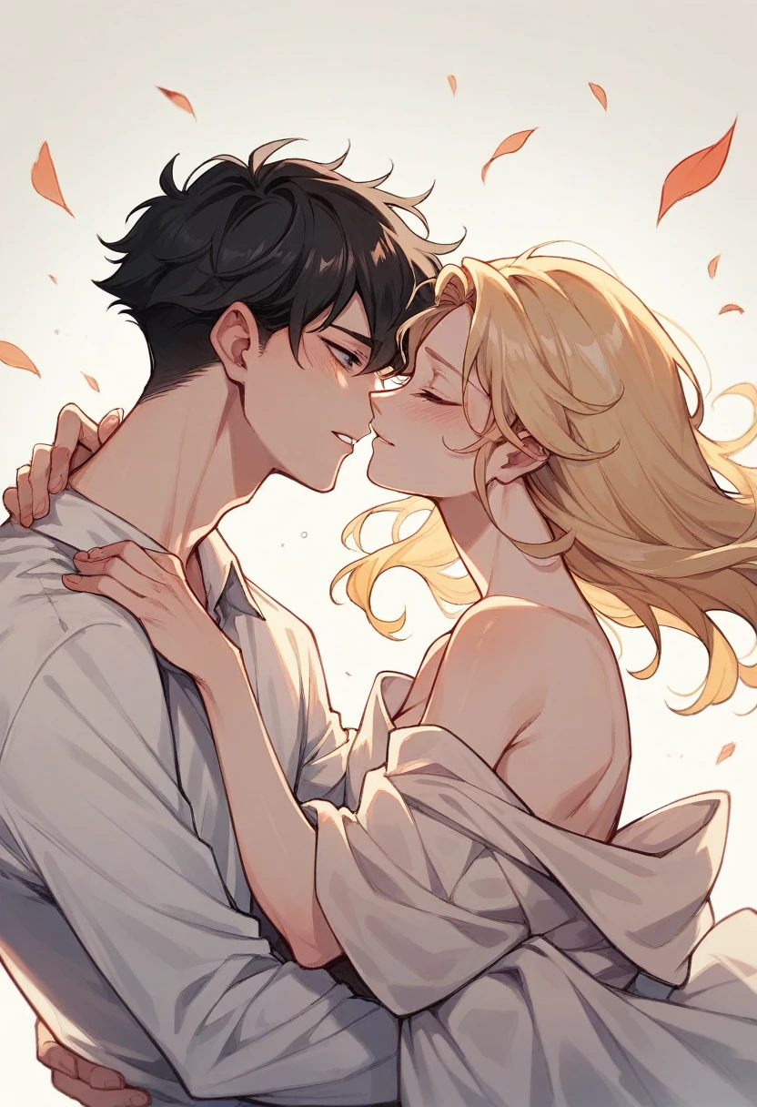couple, he is a young man of 1, short straight black hair falling over her face and she is a 30 year old blonde woman,wavy and blonde hair. They are beautiful.