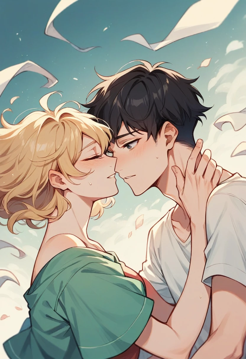 couple, he is a young man of 1, short straight black hair falling over her face and she is a 30 year old blonde woman,wavy and blonde hair. They are beautiful. 