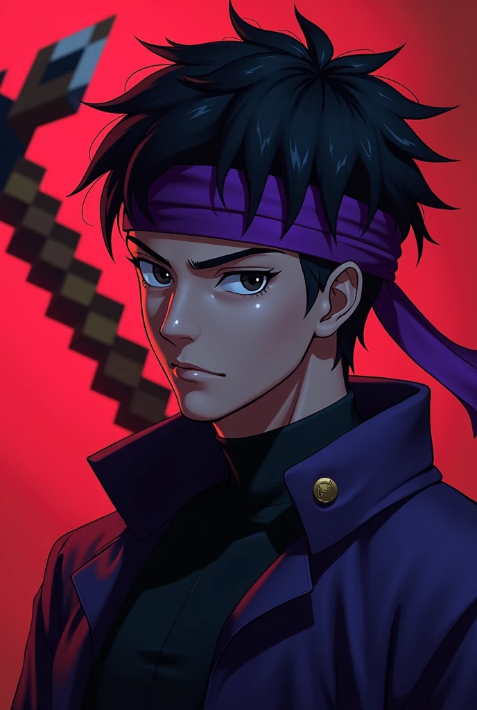 a young anime boy with purple headband, deadly aura, hyperrealistic, detailed face, beautiful eyes, striking expression, dark clothing, mysterious background, cinematic lighting, dramatic shadows, digital painting, concept art style, vibrant colors, moody atmosphere, fantasy theme. age must be like 25 and there must be a minecraft diamond axe in the back also make the background theme red. increase the age