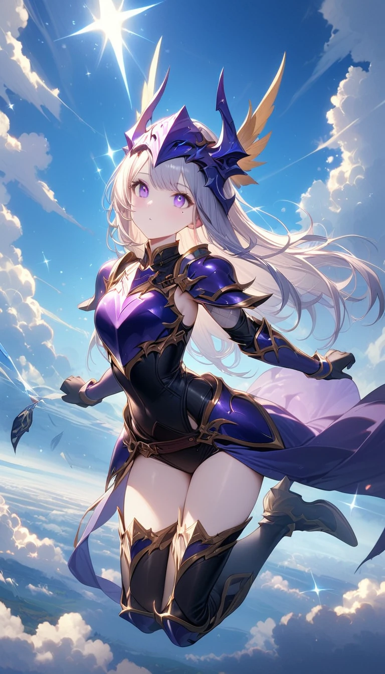 (One Woman),(Best image quality, 32K, masterpiece:1.3),((Silver long hair:1.1)),(Swept-apart bangs,Braiding), (Cute eyes, Dark Eyes), (Detailed eyes),(Mole under right eye), (Standard weight), (Glowing Skin:1.1),(Pale skin:1.2),(A fantastic atmosphere),(look up),Ultra-high resolution, Textured skin, Sparkle Effect, Full body Final Fantasy,female dragon knight,Violet plate armor,Blue-purple dragon helmet,
blue sky,cloud,jumping in the sky,jump,Jump high into the sky,
ホールディング-gun,gun,