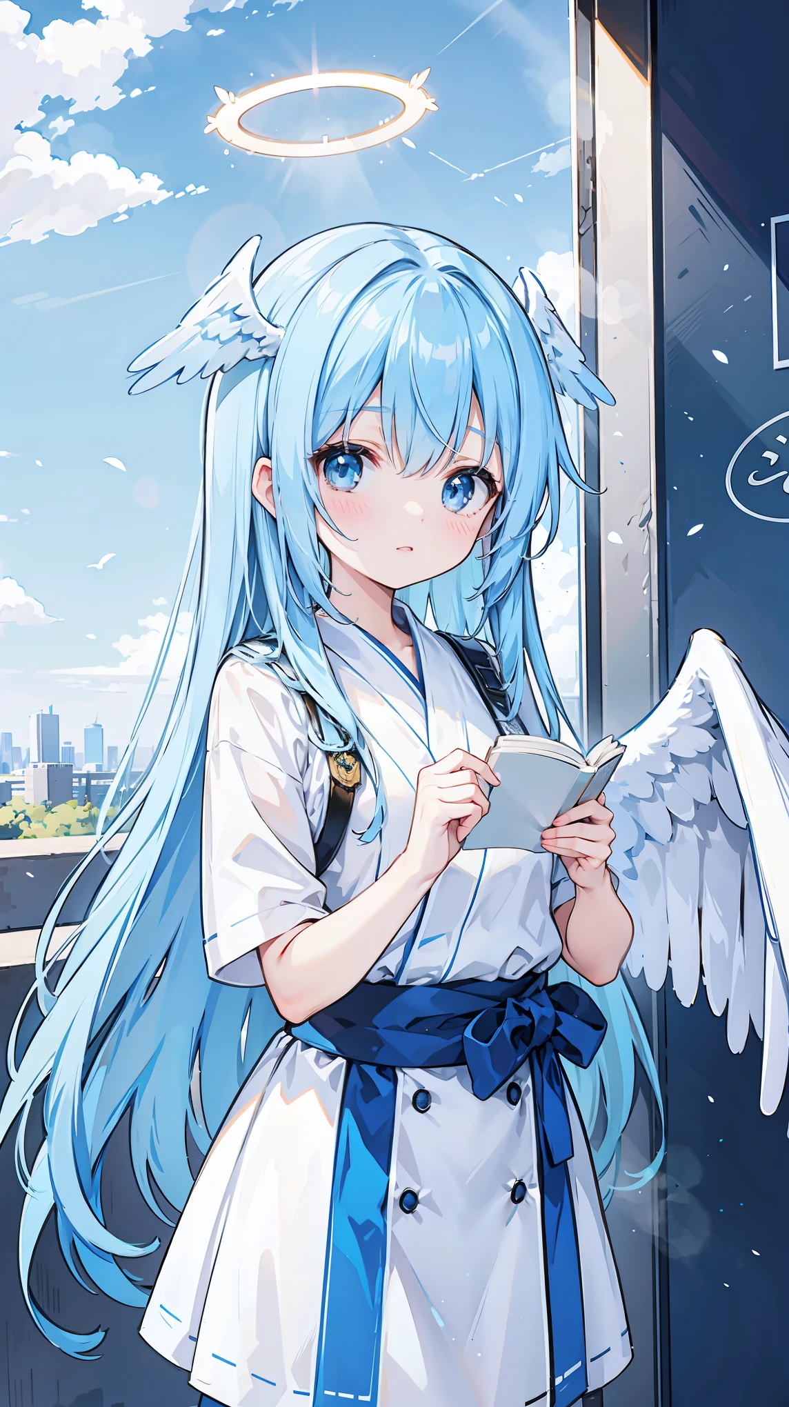 Long blue hair、Wings on one side、Angel Halo、Instructor