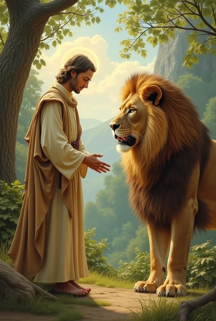 A saint greeting a lion 