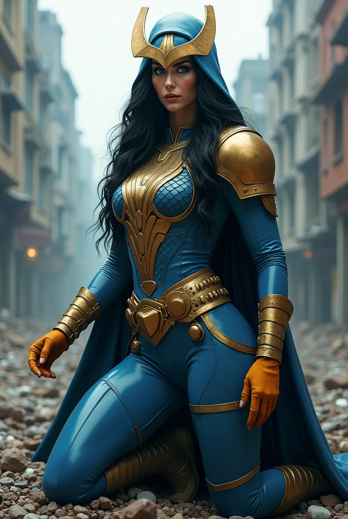 (((In extreme close-up a beautiful woman under the cloak of Big Barda has long hair, black and almost always hidden by his samurai helmet. His eyes are light blue. Her superheroine costume is samurai themed.. His usual costume includes a blue leather jumpsuit with scales and a gold armor top over his jumpsuit, thick red belt, boots and burnt yellow gloves on his knees in an apocalyptic city with a lot of destruction.)))
