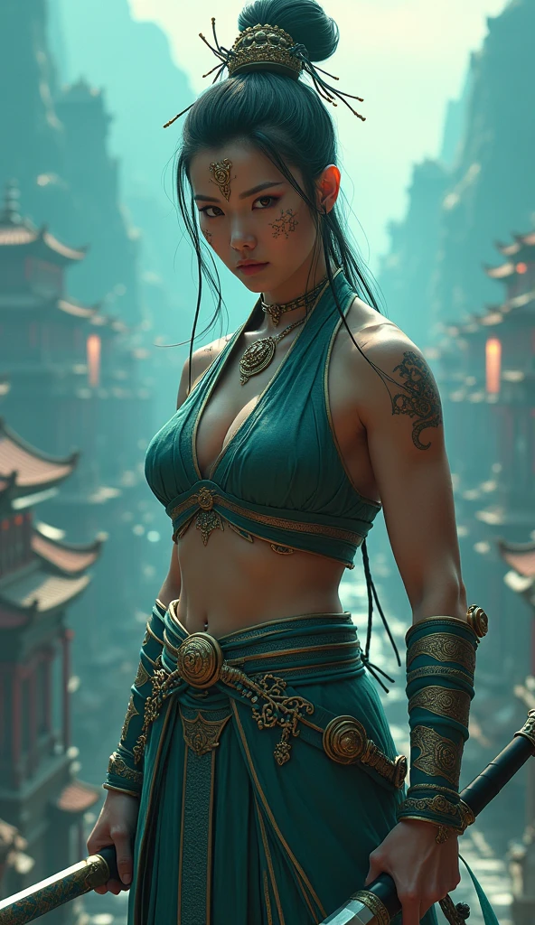 Ultra-high resolution, ((masterpiece))), (((Highest quality))), ((Very detailed)), ((Very delicate and beautiful)),Cinematic Light, Detailed Environment(Genuine), Dynamic Angle, perspective, high point,throw(From above:1.1), One person, hair ornaments, Muscular, (Holding a sword:1.2) Ancient Chinese swords, (whole body:1.1), A tense shot(The sky glows cyan,Visual impact,Give your poster a dynamic and visually striking look:1.2),Chinese Zen Style,Ancient Chinese cityscape,High-impact photos, Designed by Greg Manches,cigarette, A model woman, Bright Eyes, Glossy Lips, Futuristic gold face warpaint, artステーションで話題, photoGenuine, 8k yen, Octane Rendering by Greg Rutkowski, art：Kahne Griffith and Vadim Kashin ,Daw al-Set style, Walleye, Inspired by MAPPA and Zdzislaw Beksiński,
