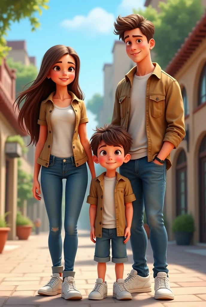 1 female teenager, long brown hair, con jins and white sneakers ,niño de 4 años short brown hair con jins and white sneakers, man 40 years old white skin, short brown hair, con jins and white sneakers.woman 40 years old white skin,long brown wavy hair with blouse,jins and white sneakers, pixar style
