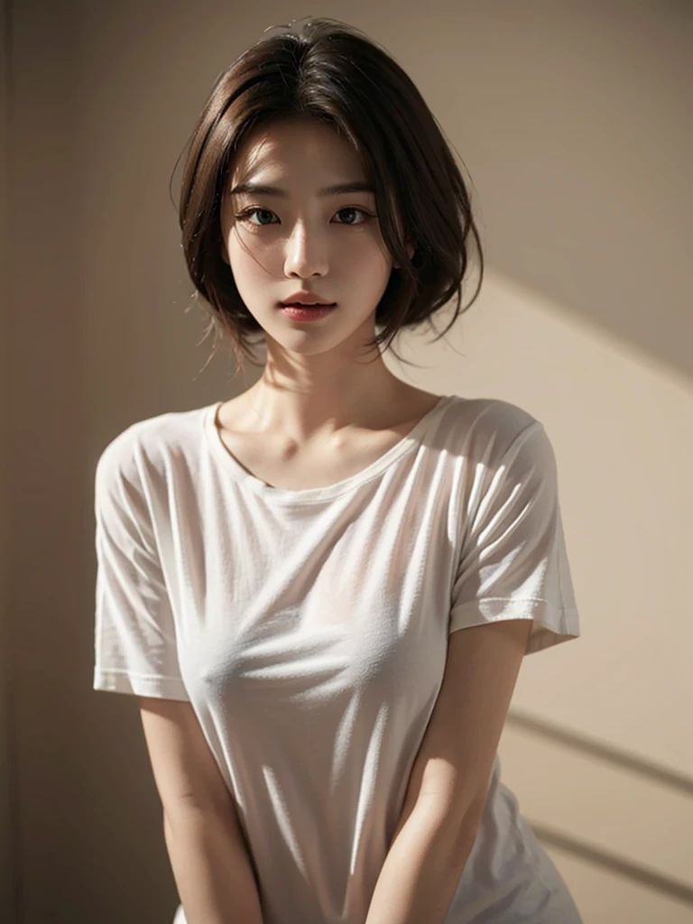 Highest quality、masterpiece、Ultra-high resolution、(Realism:1.4)、 1 person、In a pale background、Deep Shadow、Low Key、Shortcuts、Upper Body、sex appeal、Wearing a thick T-shirt、Cosmetic CM