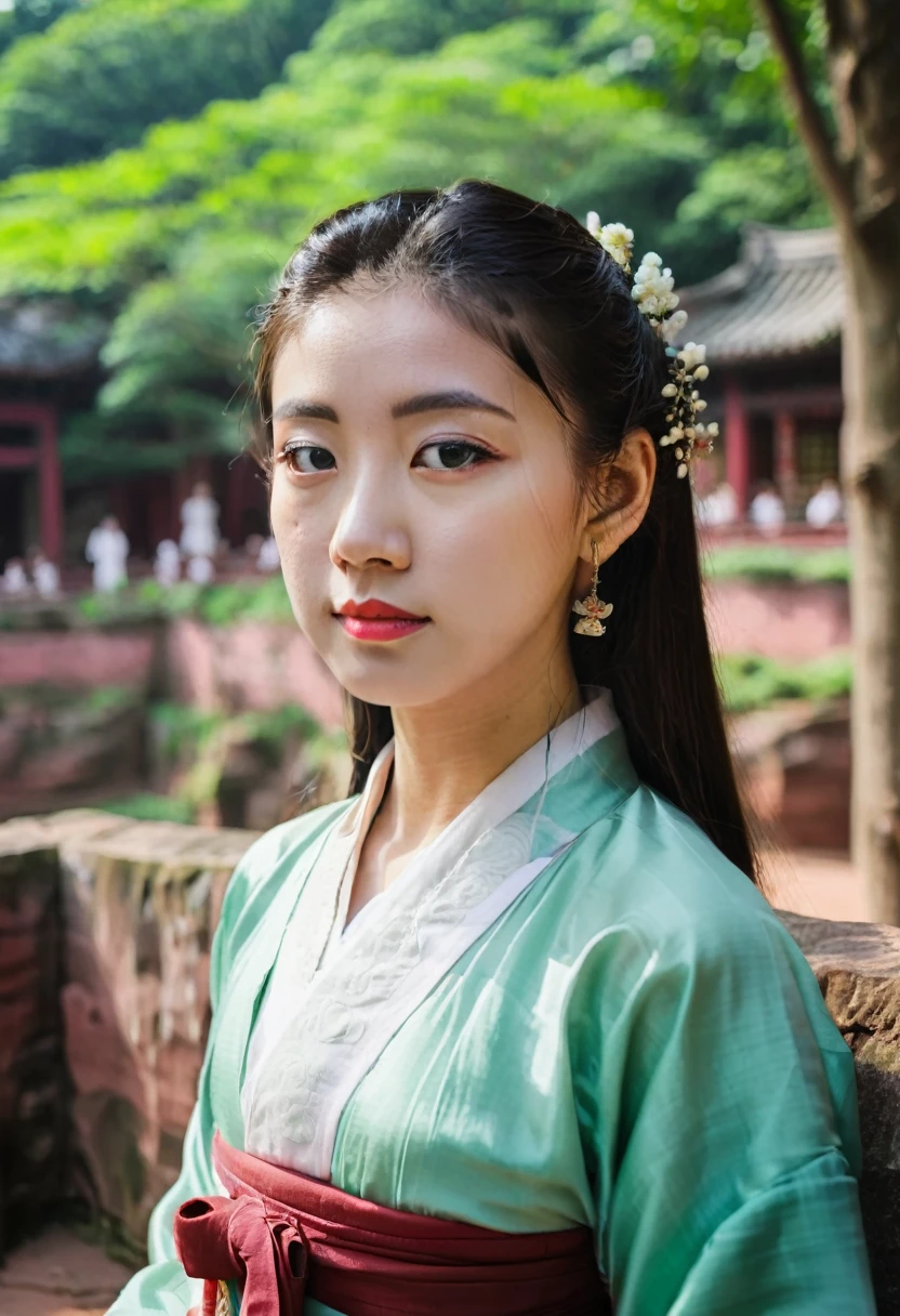 A girl in hanbok, pretty face, bust, Leshan Buddha in the background, film camera, Fuji, stock photo, movie tones