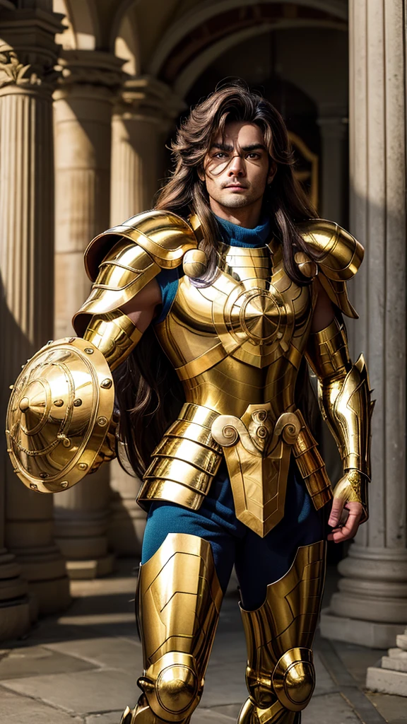 A man, male details, Degel Libra from Saint Seiya, masterpiece, best quality, highly detailed RAW color photo, sharp focus, 8k high definition, reading glasses, holding a dargon energy, long brown hair, turtle neck, male wearing gold shiny armor, light turquoise brown hair, tight-fitting  undergarment beneath armor, purple eyes, leg armor, shoulder armor, gold armor, reflection on armor, headset, gold headband, sparking armor, white skin-tight transparent vinyl, gentle smile, in an open and well-lit Coliseum,Fighting Pose with Greek pillars and garden with flowers, Libra Armor, standing straight, sacredness, landscape, bright, facial freckles (0.1), to8contrast style, posing in a bright Coliseum with Greek golden pillars, rim lighting (1.4), two-tone lighting with soft highlights, octane, unreal, well-lit, aura of wisdom.