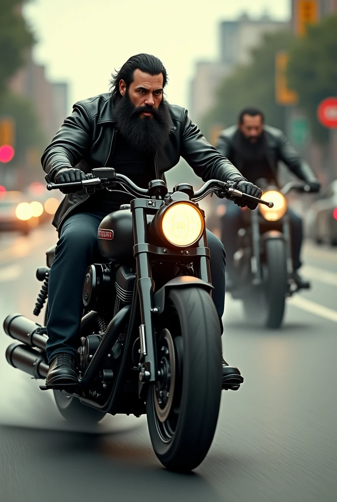 In America two male with dark hair and beard look like same  in one incredible black bike chasing cars with one having Gun side view