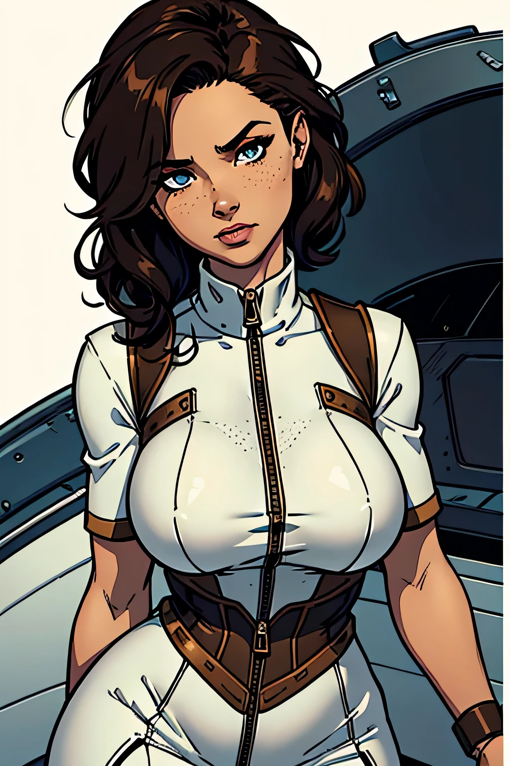 Thin woman, age 25, 4K (High definition), series, seducing gaze, eyes browns, wearing a white dress ((with side zipper, decote canoa, shortsleeves)), arms positioned at the side of the body, brown skin, short curly black hair ((at shoulder height)), upper body, curvy with freckles on her chest and neck, Large round breasts. High-quality Marvel style, white background.