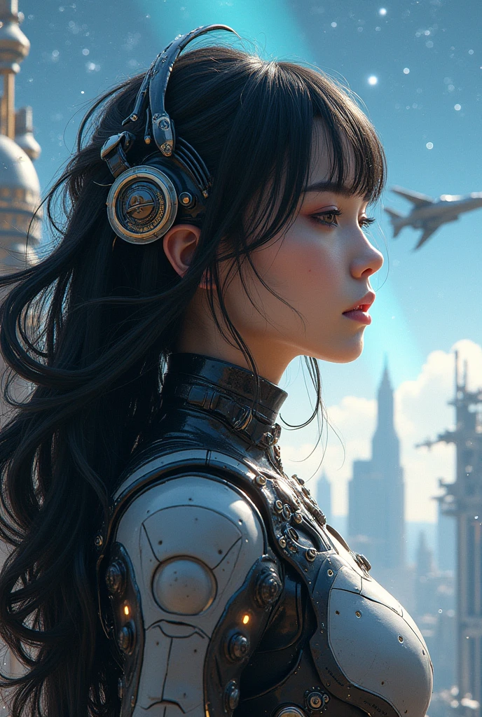 best qualityer ,work of art, illustration, extremely delicate and beautiful, extremely detaild ,CG ,unity ,8 k wallpaper, incredible, fine-details, work of art,best qualityer,offcial art,extremely detaild CG unity 8 k wallpaper,absurderes, incredibly absurderes, ultra detali, high resolution, extremely detaild,beautiful detailed girl,light on the face, 1 girl, Mecha, armors, Mechanical_cos, Bblack hair, space ship, citys, cyber punk, star_sky,