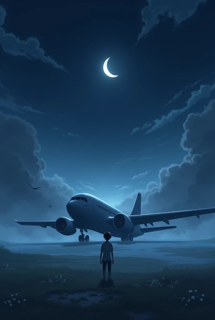 A blue ,dark sky , a plain air craft is standing
, a anime character guy stand, fog light , add moon