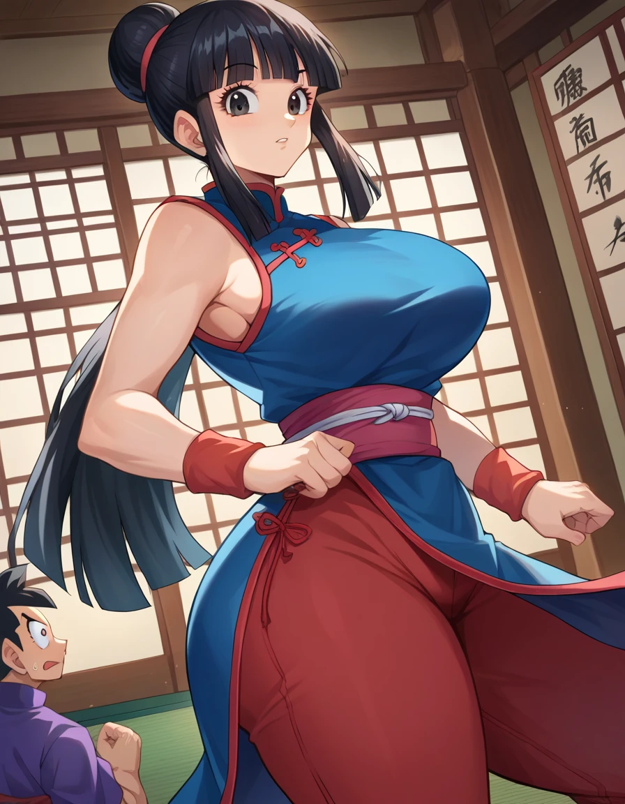 score_9, score_8_up, score_7_up, source_anime, dragonballchichi, chi chi, black eyes, black hair, long hair, hime cut, blunt bangs, sidelocks, bare arms, blue dress, china dress, chinese clothes, dress, high collar, obi, pants, ponytail, red pants, red sash, red wristband, sash, side slit, sleeveless, sleeveless dress, wristband, indoors, dojo, looking at viewer, dutch angle, cowboy shot, huge ass, huge thighs, huge breasts, body with huge hips, butt focus, clevage,