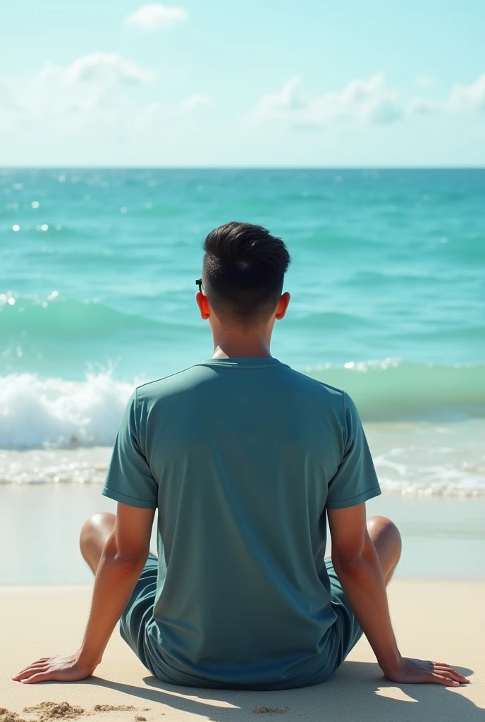 (photorealism) 1 Indonesian man sitting facing the sea ,Thin and short body (short) ,hairstyle (undercut) on the beach with waves in the background ,Wearing a cool colored t-shirt and shorts,wearing black photochromic glasses ,barefoot ,