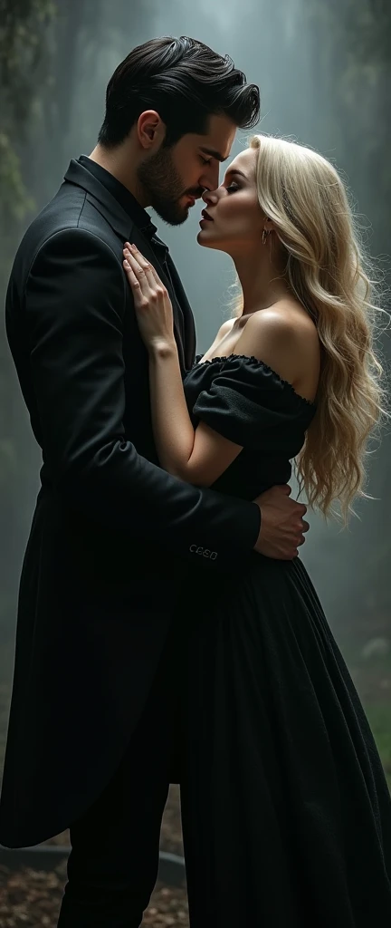 dark romance couple, black hair man, blonde hair woman, well dressed, good posture, good body mass, fantasy art, black theme, masterpiece, extreme detail, cinematic lighting, 4k