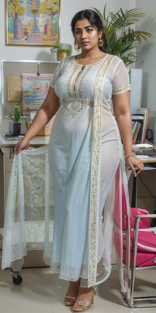 Day scene, A radiant, full-figured South Indian 3 aunty a off white colour chiffon fully transparent kurta, bra visible through kurta, ,standing, in a office captured in a full-body image with vibrant hues and meticulous details. Full body image