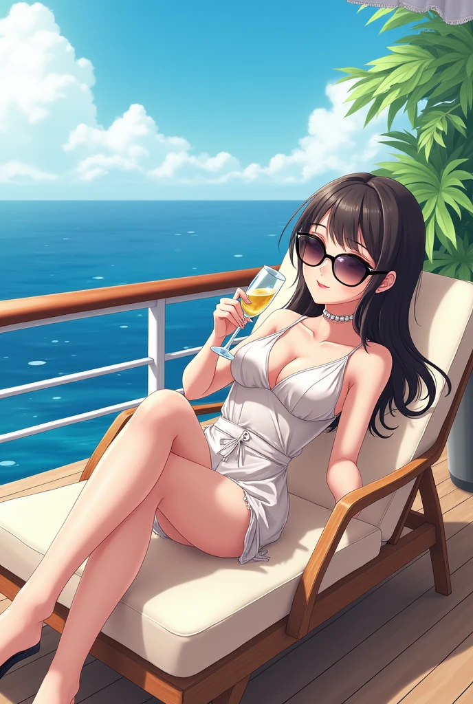 Japanese anime style,woman,Luxury Cruise Ship,Lying in a chair on the deck,Living elegantly,Champagne in hand,sunglasses,Japanese Style,アニメのwoman,Very happy