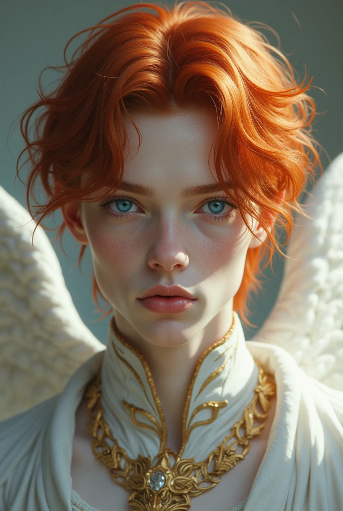 1 white-skinned man with medium-long red hair (but not too much), wears god style clothes, blue eyes, androgynous