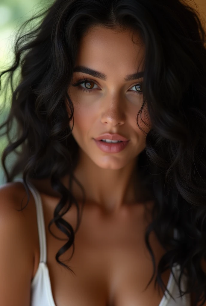 close-up of the natural face of a beautiful woman with a giant ass, long, curly black hair, naughty face, wearing low-cut panties, naked breasts, sensual, Upscayl 4x remacri, vibrant colors in the best 8k UHD quality, uses FLUX: dev.