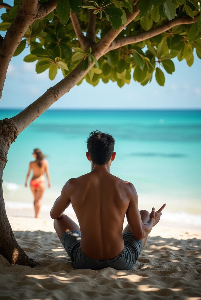 A guy sitting under the tree in background there is a big boobs nude women in near the ocean with a dildo in his hand a guy is masterbating seeing him