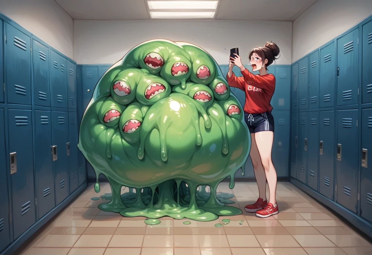 (slime vore) Three gorgeous women (varied height, varied weight, varied race, dressed appropriate to the scene, crazy hairdo, crazy jewelry, tend towards fit and hourglass figure) they are scared and struggling a steamy women's locker room, being caught by tentacles which forcefully restrain their arms and legs while being absorbed by horror monster 'The Blob', damsel in distress, damsel demise. One woman is live streaming about how scared she is while holding her cell phone
