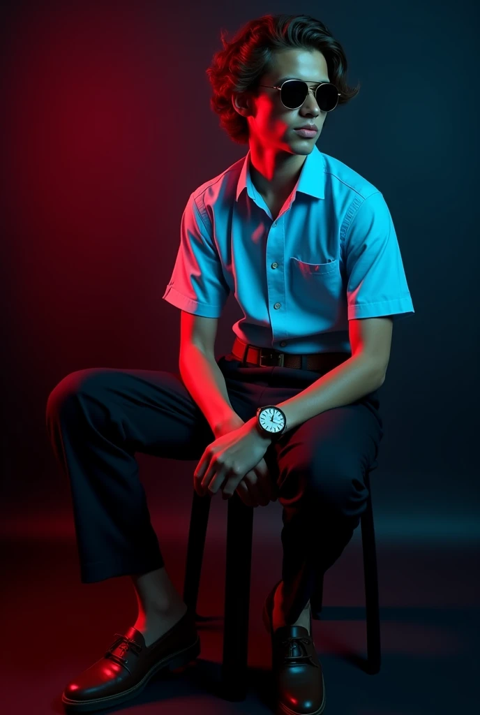 A tan boy with wavy hair and wearing sunglasses, old watch,sky blue shorts sleeve shirt with dark brown belt with black long trouser and dark brown loafers and sitting in black stool and black background with red and blue light on it and turning right side and seeing right side